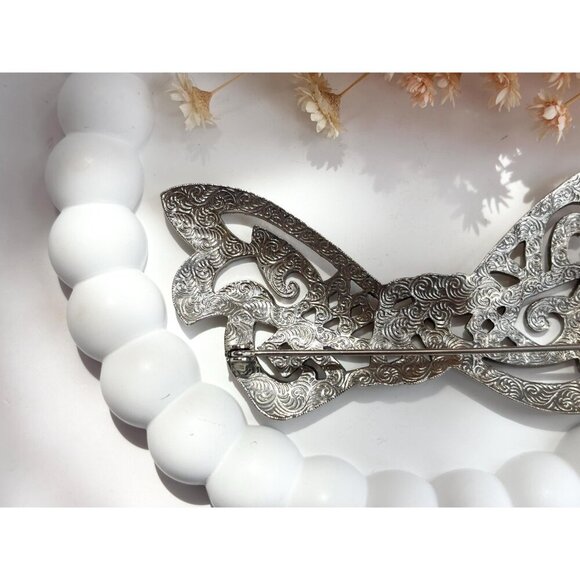 Silver Toned Marcasite Accented XL Ribboned Bow Vintage Brooch Pin - Picture 7 of 10